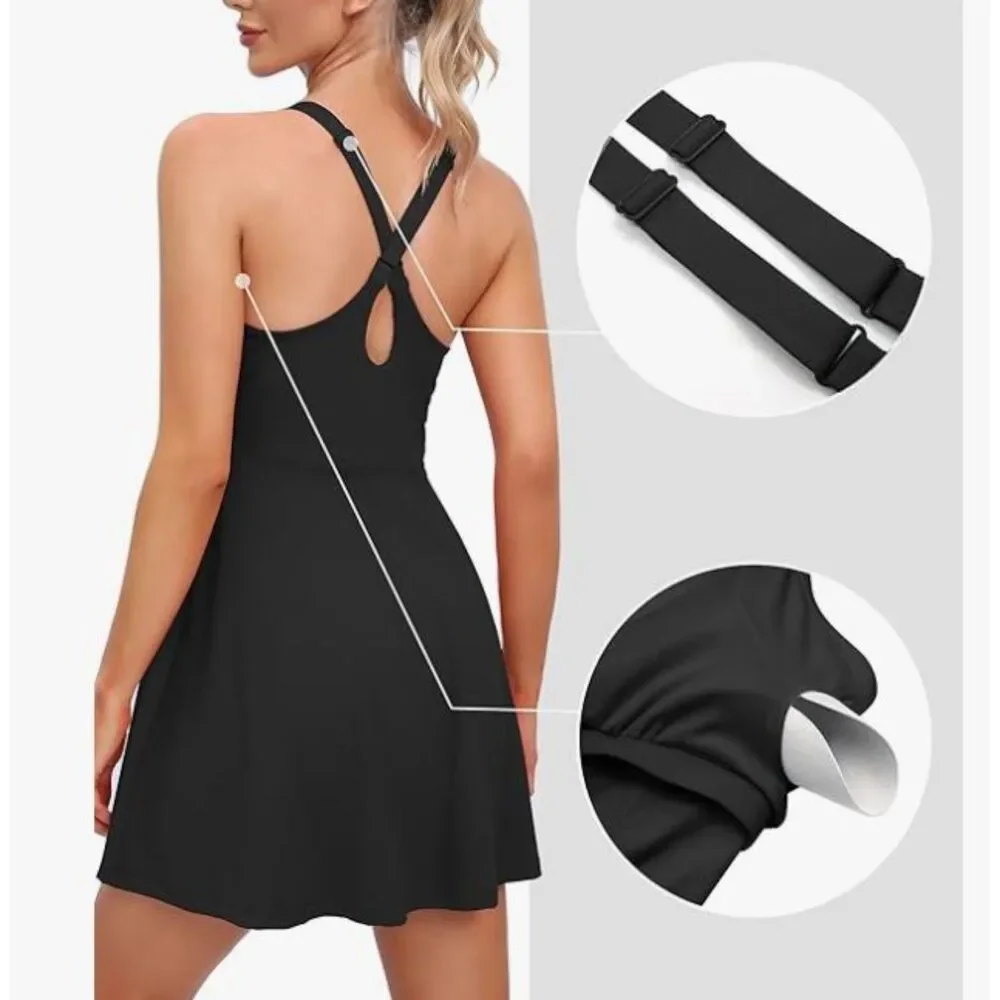 NEW Heathyoga Black Tennis Dress Size M NWT Inner Short Pockets Adjustable Strap